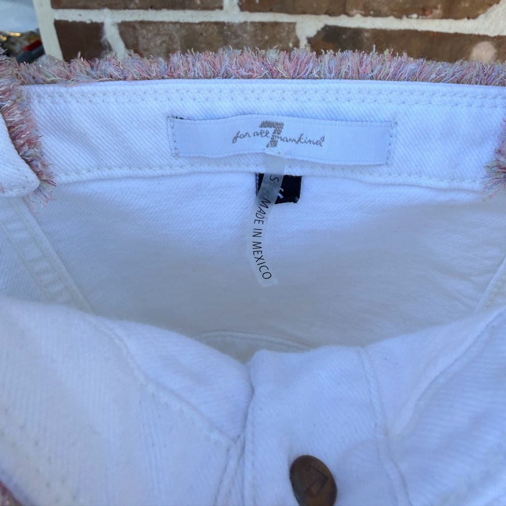 7 For All Mankind White Denim Button Down Light Fringe Trim Mini Dress Size S - Picture 6 of 9